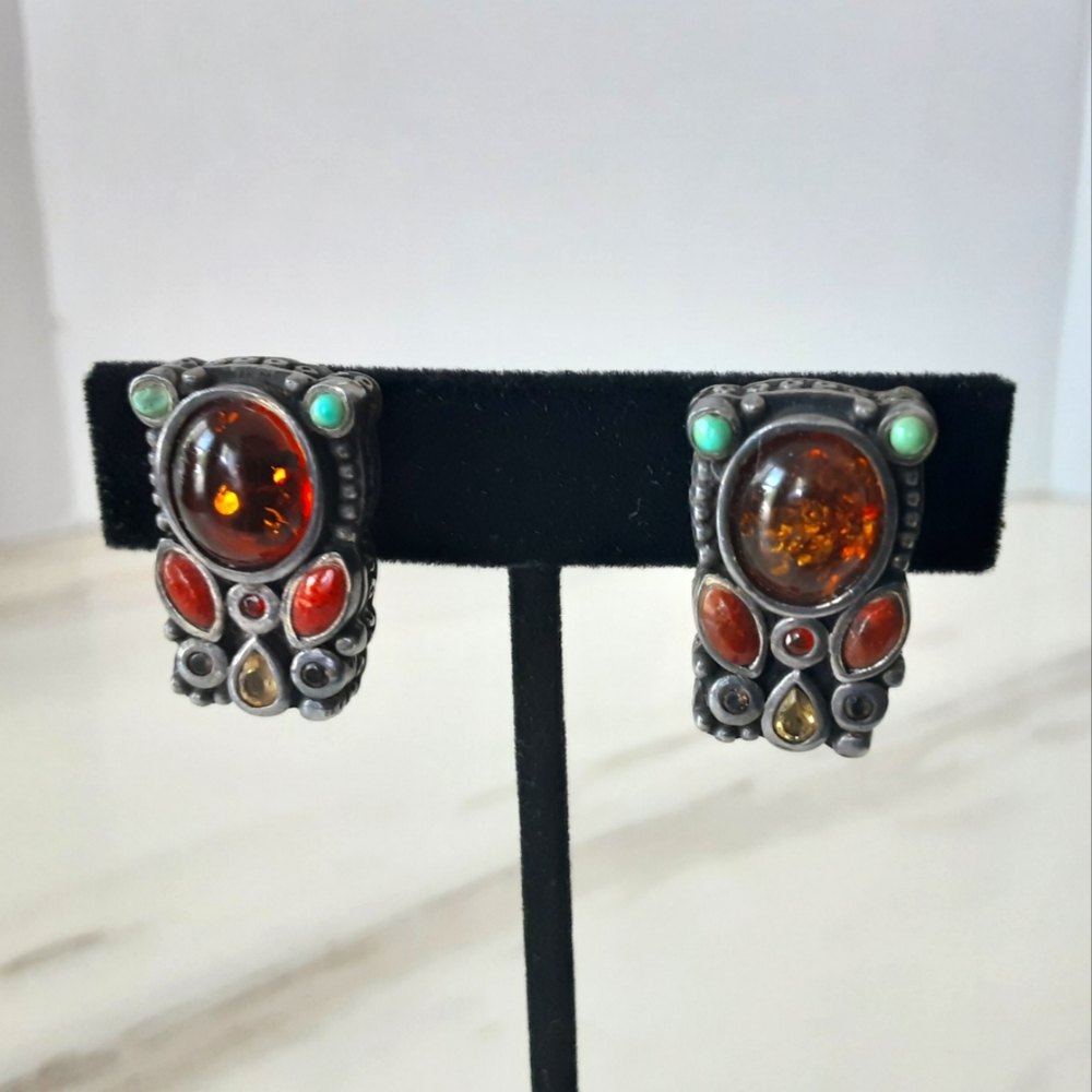 BARSE 925 Amber | Multi-Semi Precious Stone Rectangle Clip-On Earrings - Vtg - Picture 2 of 11